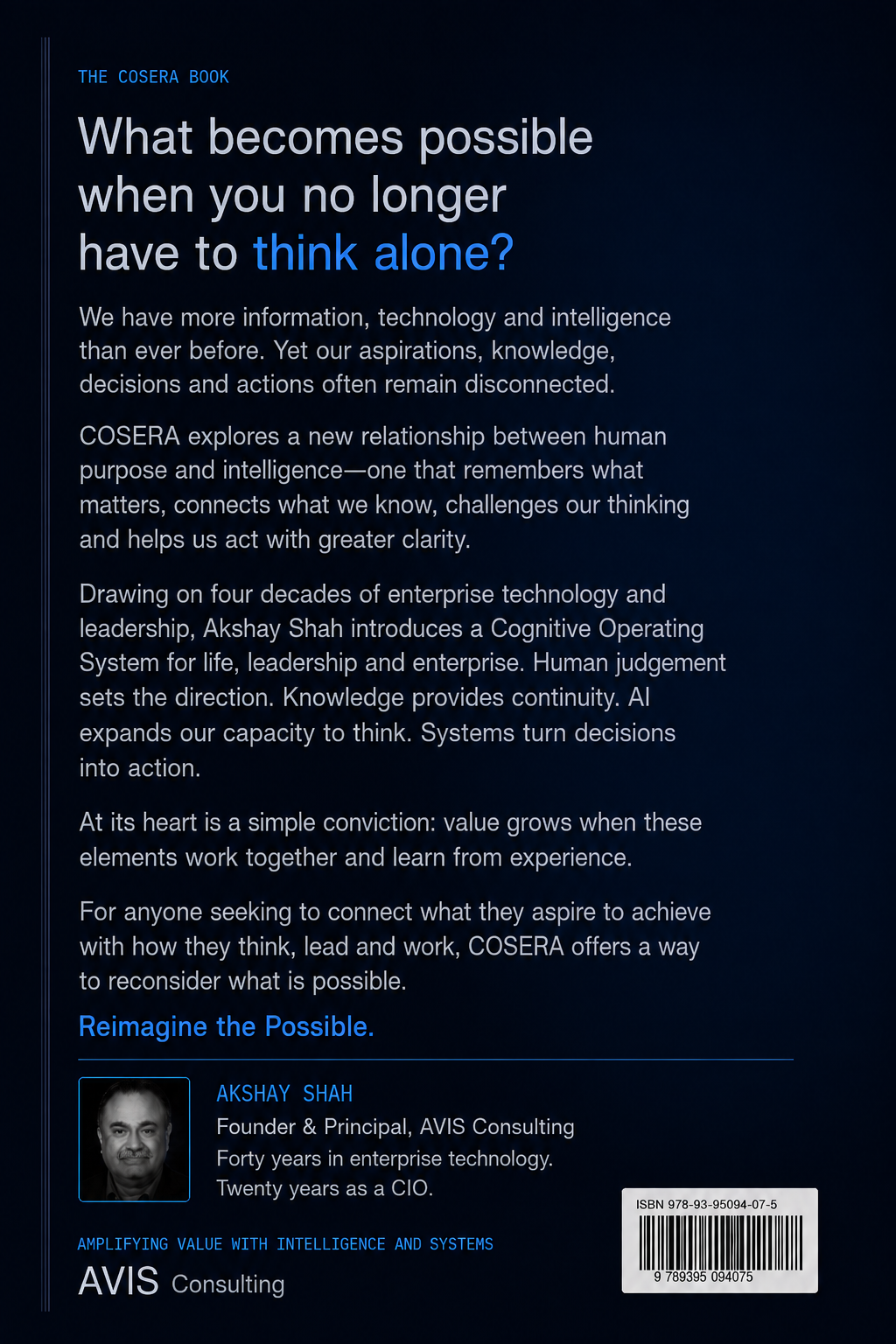 COSERA book back cover — What becomes possible when you no longer have to think alone? Amplifying Value with Intelligence and Systems
